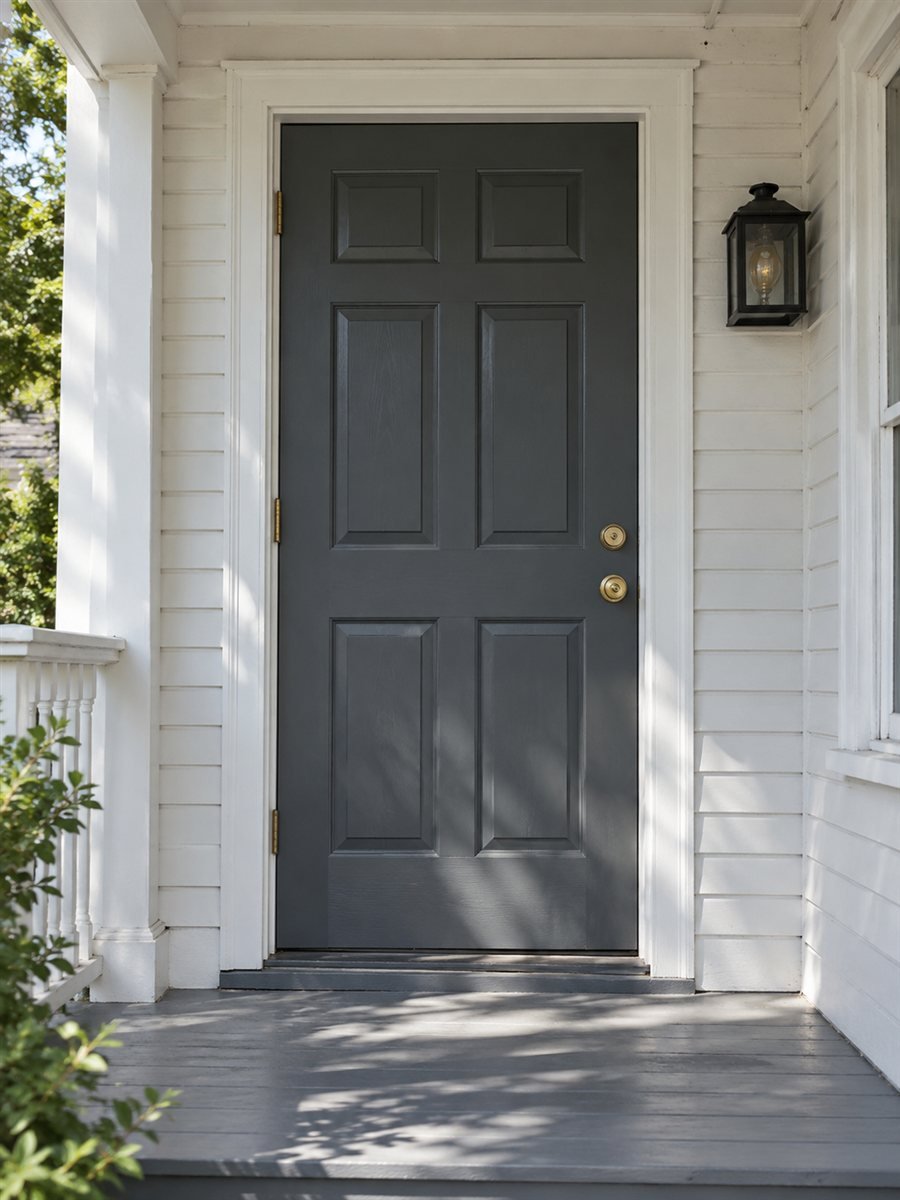 Charcoal painted front door with white trim on a clapboard porch