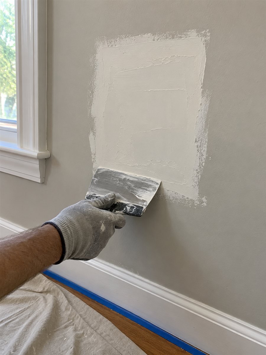 Gloved hand smoothing joint compound over a drywall patch