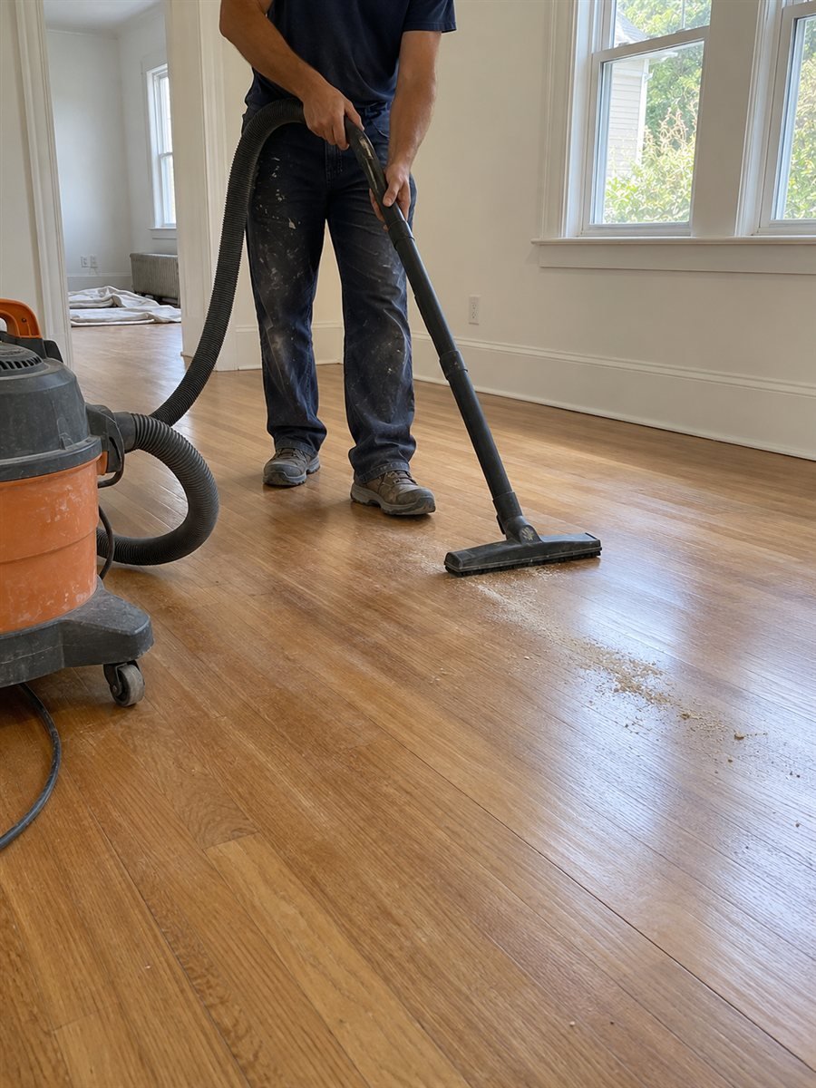 Worker vacuuming renovation dust from a freshly painted room
