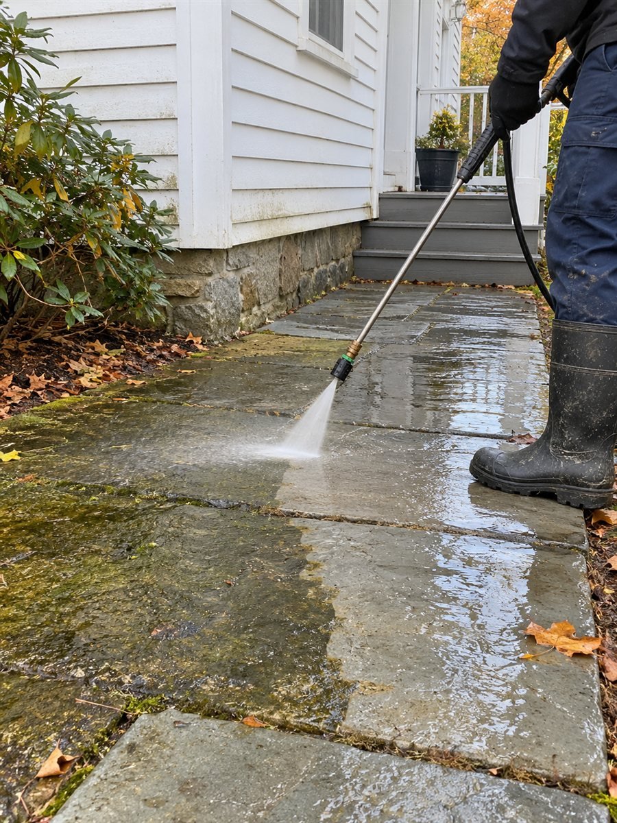Pressure washer cleaning a stone walkway beside a white clapboard home